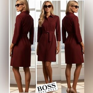 Hugo Boss Women's "Dashina2" 3/4 Sleeve Midi Belted Dress In Burgundy Size 6